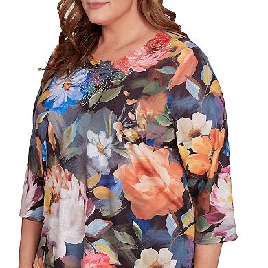 Plus Size Alfred Dunner Dramatic Floral Lace Neck Top