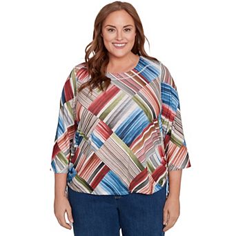 Plus Size Alfred Dunner Stripe Patchwork Ruched Sides Top