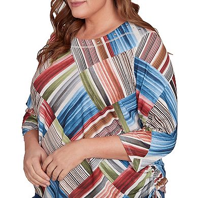 Plus Size Alfred Dunner Stripe Patchwork Ruched Sides Top