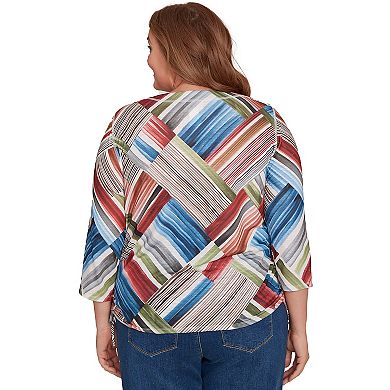 Plus Size Alfred Dunner Stripe Patchwork Ruched Sides Top