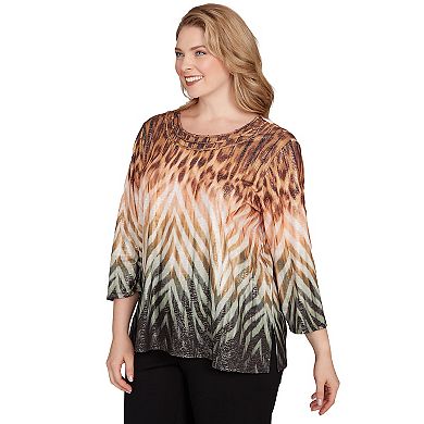 Plus Size Alfred Dunner Ombre Animal Skin Three Quarter Sleeve Top