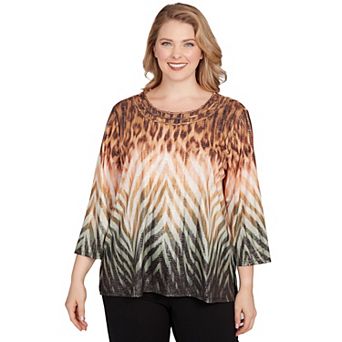 Plus Size Alfred Dunner Ombre Animal Skin Three Quarter Sleeve Top
