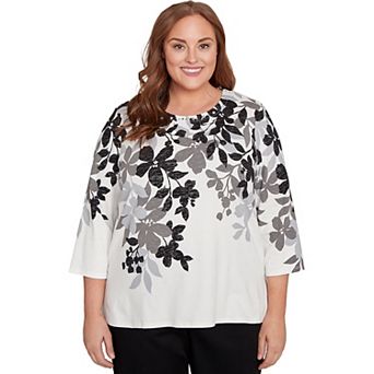 Plus Size Alfred Dunner Shadow Leaf Three Quarter Sleeve Top