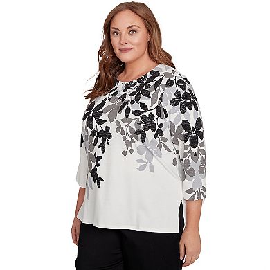Plus Size Alfred Dunner Shadow Leaf Three Quarter Sleeve Top