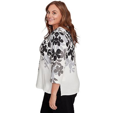 Plus Size Alfred Dunner Shadow Leaf Three Quarter Sleeve Top