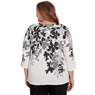 Plus Size Alfred Dunner Shadow Leaf Three Quarter Sleeve Top
