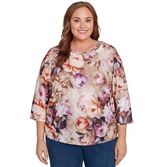 Plus Size Alfred Dunner Textured Floral Ruched Sides Top