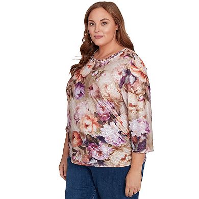 Plus Size Alfred Dunner Textured Floral Ruched Sides Top
