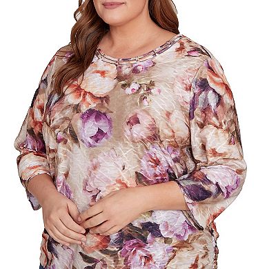 Plus Size Alfred Dunner Textured Floral Ruched Sides Top