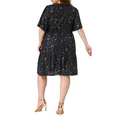 Plus Size Chiffon Dresses for Women Square Neck Short Sleeve Shiny Gilding  Metallic Party Dress