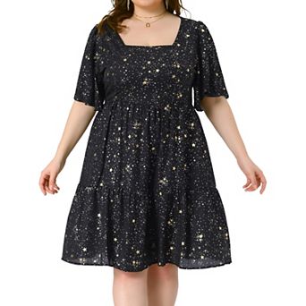 Plus Size Chiffon Dresses for Women Square Neck Short Sleeve Shiny Gilding Metallic Party Dress