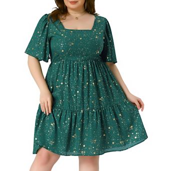 Plus Size Chiffon Dresses for Women Square Neck Short Sleeve Shiny Gilding Metallic Party Dress