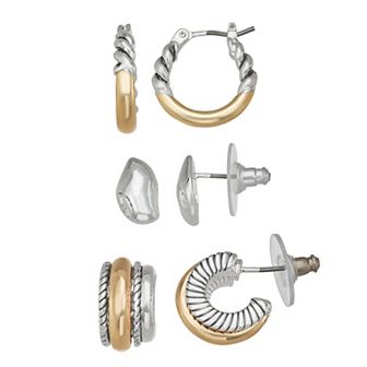 Napier 3-Pair Two-Tone Trio Hoop, C-Hoop, & Stud Earring Set