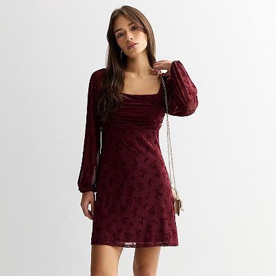 knee length dresses for ladies Cameo High Neck Flocked Mesh Insert Skater Mini Dress – Disturbia main image 0