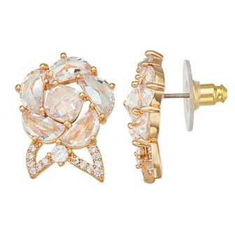 Napier Gold Tone Cubic Zirconia Pave Social Flower Stud Earrings