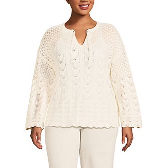 Plus Size Lands' End Boucle Pointelle Notch Neck Sweater