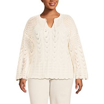 Plus Size Lands' End Boucle Pointelle Notch Neck Sweater