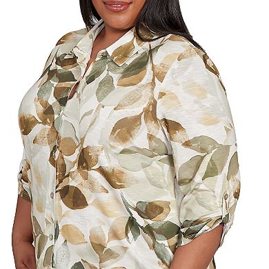 Plus Size Knit Leaf Button Front Top