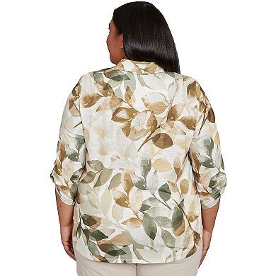 Plus Size Knit Leaf Button Front Top
