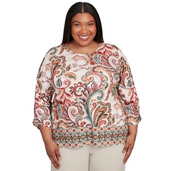 Plus Size Alfred Dunner Textured Scroll Border Ruched Sleeves Top