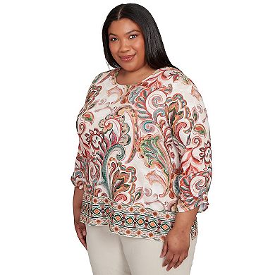 Plus Size Alfred Dunner Textured Scroll Border Ruched Sleeves Top
