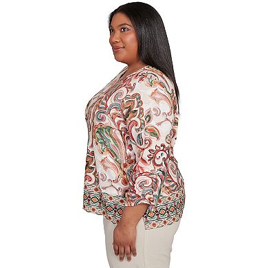 Plus Size Alfred Dunner Textured Scroll Border Ruched Sleeves Top