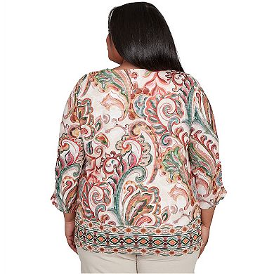 Plus Size Alfred Dunner Textured Scroll Border Ruched Sleeves Top