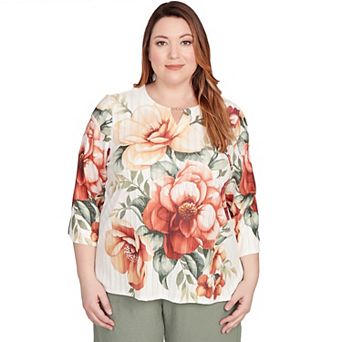 Plus Size Alfred Dunner Dramatic Floral Split Neck Beaded Top