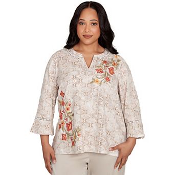 Plus Size Alfred Dunner Floral Bell Sleeve Embroidered Top