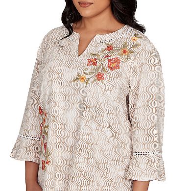 Plus Size Alfred Dunner Floral Bell Sleeve Embroidered Top