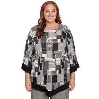 Plus Size Alfred Dunner Patchwork Solid Black Trim Top