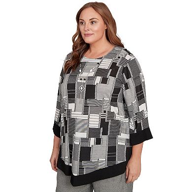 Plus Size Alfred Dunner Patchwork Solid Black Trim Top