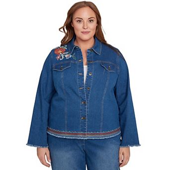 Plus Size Alfred Dunner Floral Vine Embroidered Border Denim Jacket