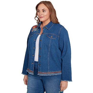 Plus Size Alfred Dunner Floral Vine Embroidered Border Denim Jacket