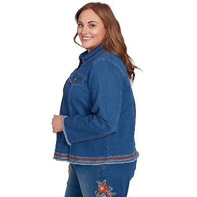 Plus Size Alfred Dunner Floral Vine Embroidered Border Denim Jacket
