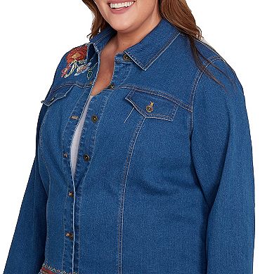 Plus Size Alfred Dunner Floral Vine Embroidered Border Denim Jacket