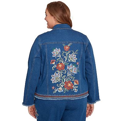 Plus Size Alfred Dunner Floral Vine Embroidered Border Denim Jacket