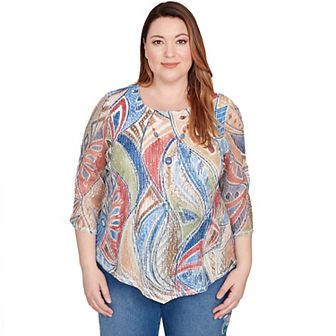Plus Size Alfred Dunner Printed Leaf Textured Top with Necklace