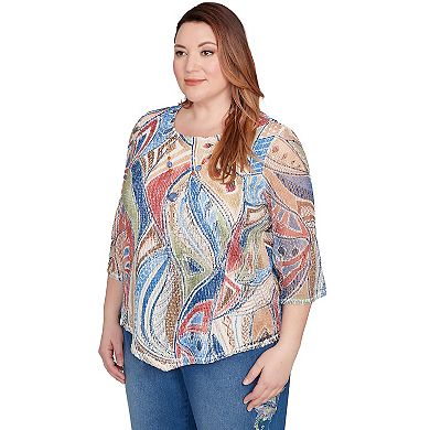 Plus Size Alfred Dunner Printed Leaf Textured Top with Necklace