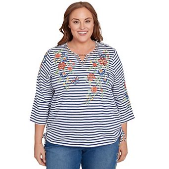 Plus Size Alfred Dunner Floral Stripe Ruched Sides Top