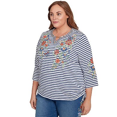 Plus Size Alfred Dunner Floral Stripe Ruched Sides Top