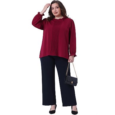 Women's Plus Size Long Sleeve Blouse Ruffle Crew Neck Front Pleated Top Elastic Cuff Casual Shirt