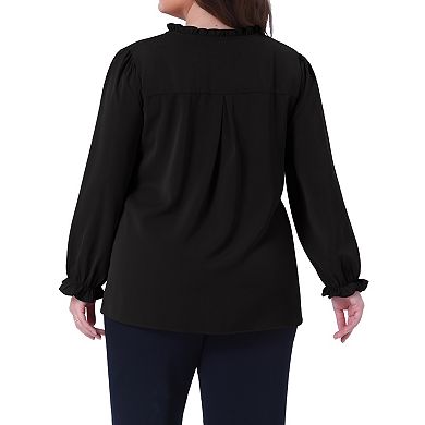 Women's Plus Size Long Sleeve Blouse Ruffle Crew Neck Front Pleated Top Elastic Cuff Casual Shirt