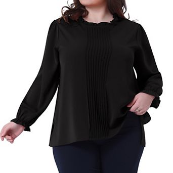 Women's Plus Size Long Sleeve Blouse Ruffle Crew Neck Front Pleated Top Elastic Cuff Casual Shirt