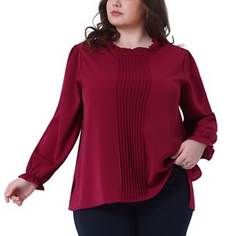 Women's Plus Size Long Sleeve Blouse Ruffle Crew Neck Front Pleated Top Elastic Cuff Casual Shirt