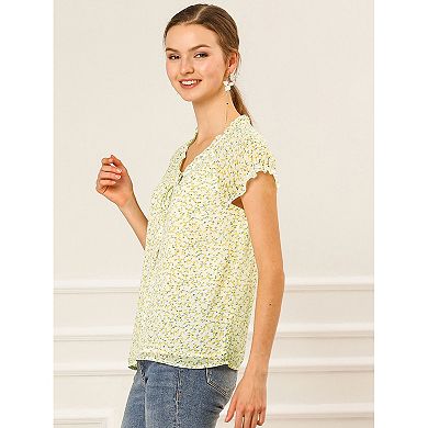2 Packs Women's Blouse V Neck Ruffle Floral Short Sleeves Chiffon Tops