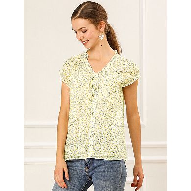 2 Packs Women's Blouse V Neck Ruffle Floral Short Sleeves Chiffon Tops