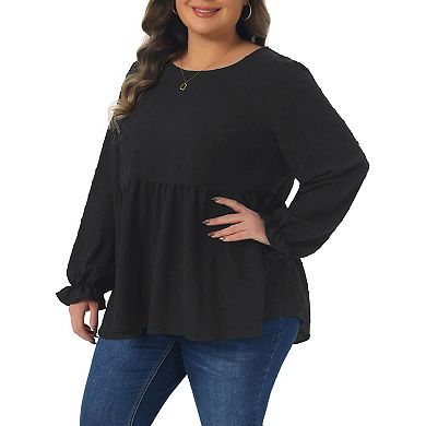 Plus Size Tops for Women Babydoll Round Neck Long Sleeve Tiered Swiss Dots Blouses