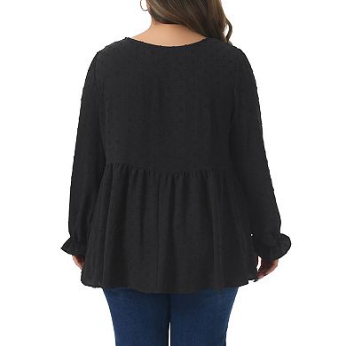 Plus Size Tops for Women Babydoll Round Neck Long Sleeve Tiered Swiss Dots Blouses