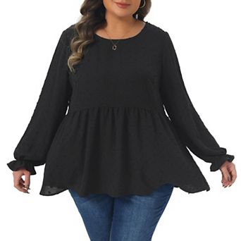 Plus Size Tops for Women Babydoll Round Neck Long Sleeve Tiered Swiss Dots Blouses